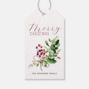 Red Merry Christmas Holly Berry Greenery Gift Tags