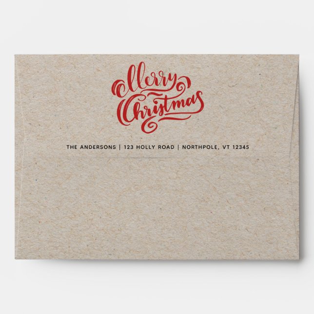 Red Merry Christmas Kraft Script 5x7 Addressed Envelope (Back (Top Flap))