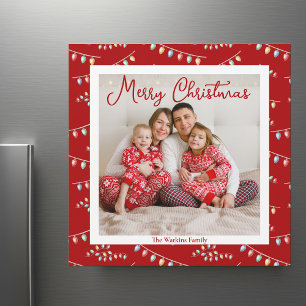 Red Merry Christmas Lights Cute Photo Magnet Card