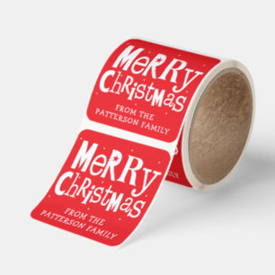 Red Merry Christmas Modern Personalized Name Square Sticker