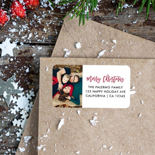 Red Merry Christmas Modern Typography photo return Label