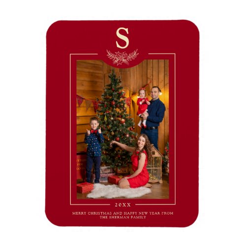 Red Merry Christmas Monogrammed Photo Family Magnet