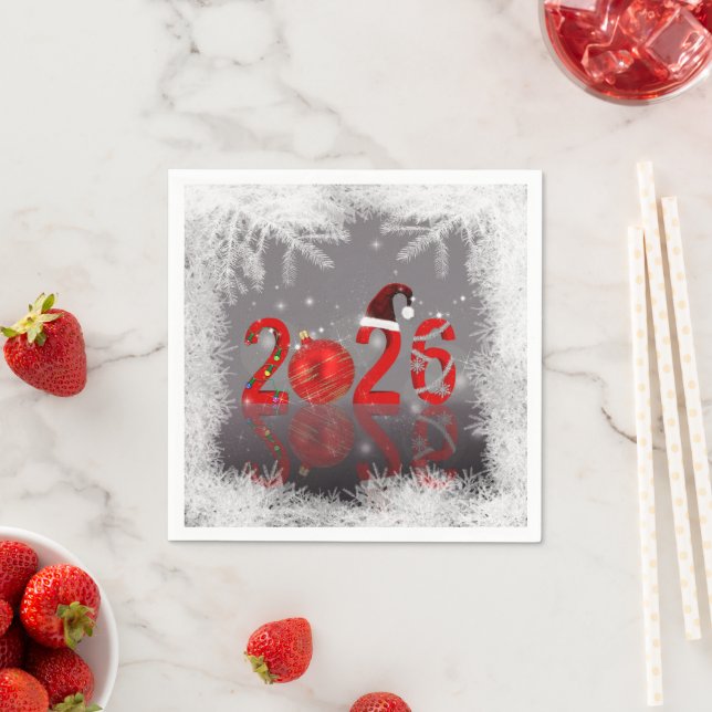 Red Merry Christmas New Year 2026 Festive Napkins (Insitu)