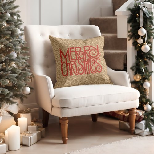 Red Merry Christmas On Faux Jute Burlap Throw Pillow
