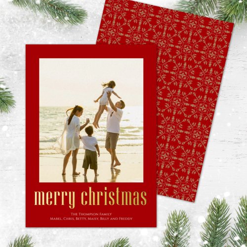 Red Merry Christmas One Photo Snowflake Foil Holiday Card