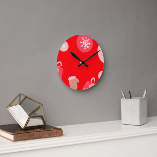 Red Merry Christmas Ornaments Snowflakes Gloves Round Clock