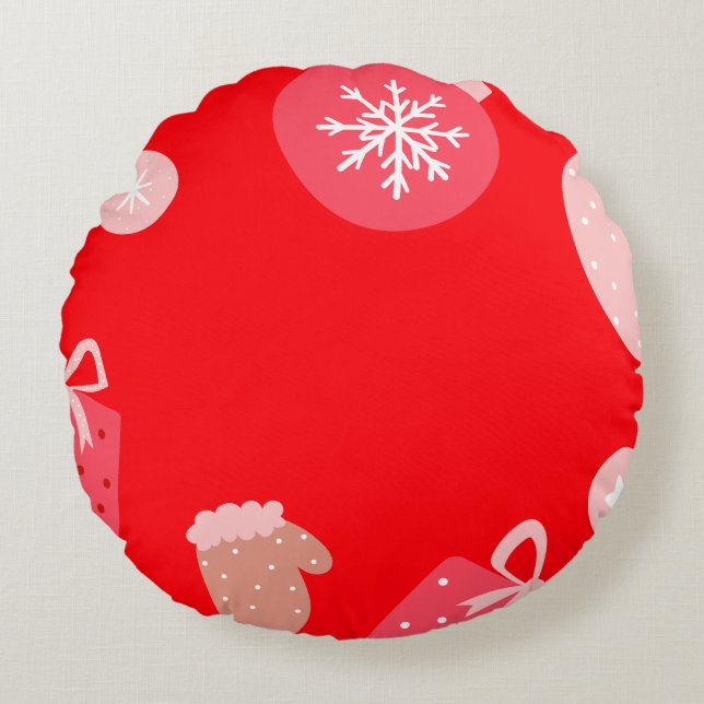 Red Merry Christmas Ornaments Snowflakes Gloves Round Pillow (Front)
