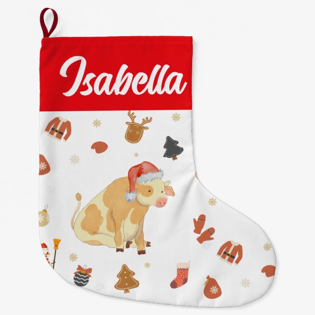Red Merry Christmas ox cow Santa hat Holiday kids Large Christmas Stocking (Front)