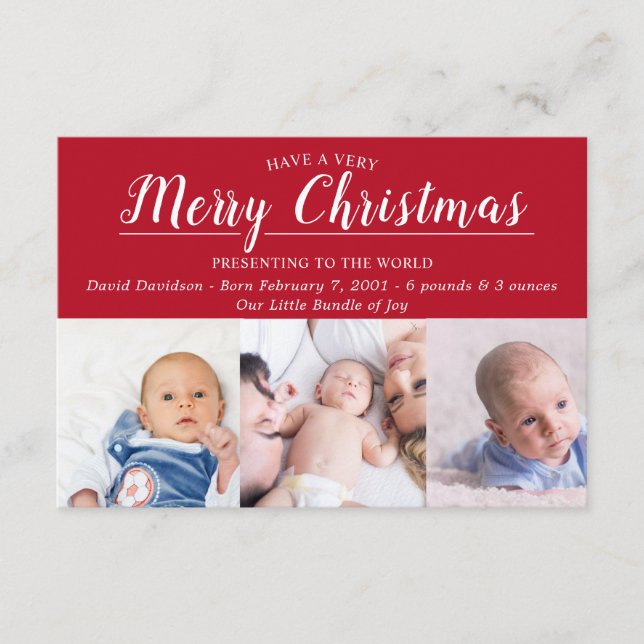 Red Merry Christmas Photo Baby Birth Announcement (Front)