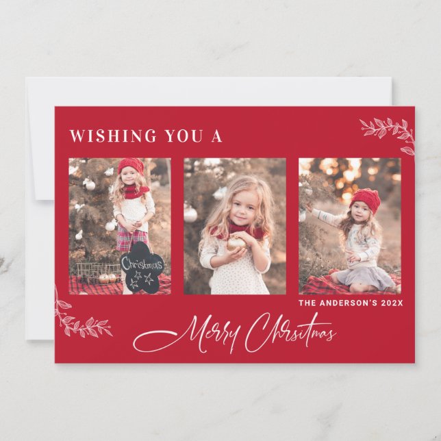 Red Merry Christmas Photo Card with Leaf Motif (Front)