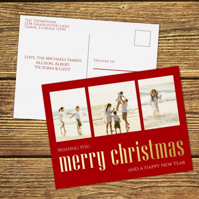 Red Merry Christmas Photo Collage Card  (Creator Uploaded)