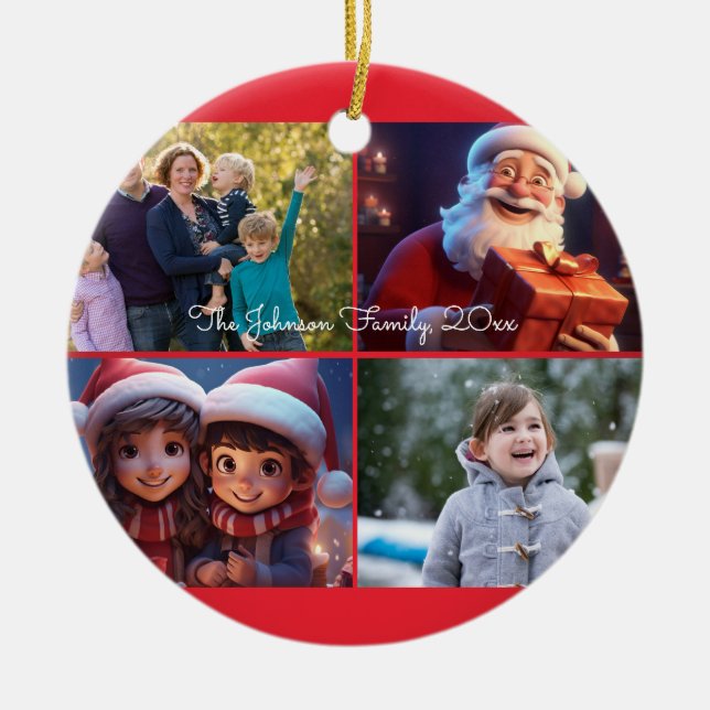 Red Merry Christmas Photo Family Ceramic Ornament (Front)