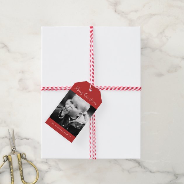 Red "Merry Christmas" Photo Holiday Gift Tags