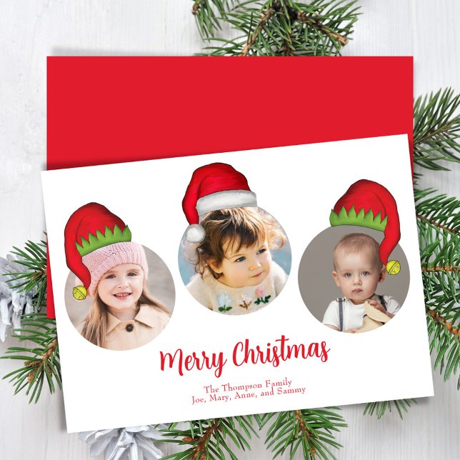 Red Merry Christmas Photo Santa Hats Holiday Card (Merry Christmas holiday photo collage template. )