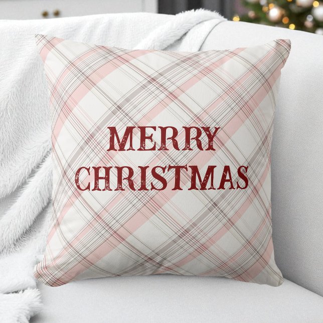 Red Merry Christmas Pink Plaid Pattern Modern Throw Pillow (Red Merry Christmas Pink Plaid Pattern Modern Throw Pillow)
