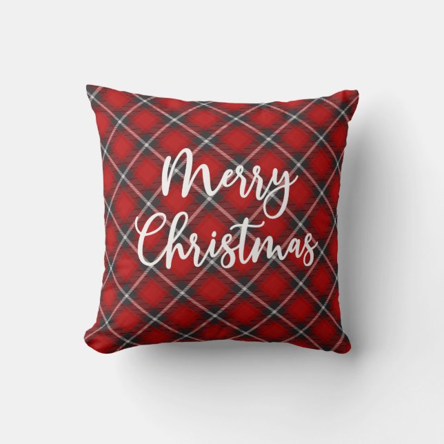 Red Merry Christmas Plaid Script Typography Throw Pillow (Front)