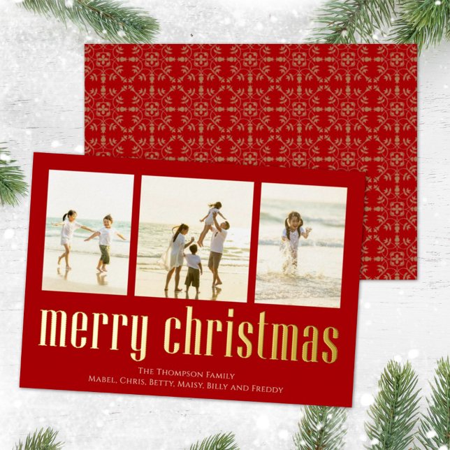Red Merry Christmas Real Gold Custom Photo Foil Holiday Card (Creator Uploaded)
