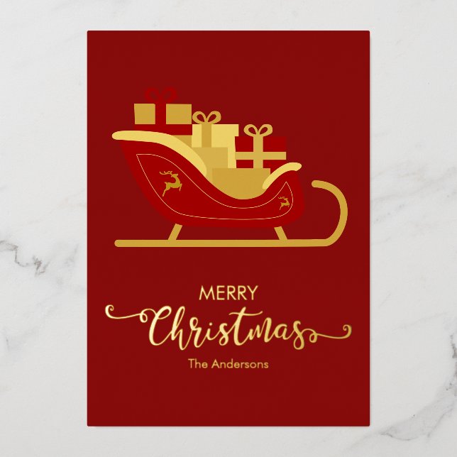 Red Merry Christmas Santa's Sleigh Foil Holiday Card (Front)