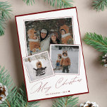 Red Merry Christmas script 3 photo collage  Holiday Card<br><div class="desc">Simple modern 3 family photos Merry Christmas handwritten calligraphy script red and white holiday card.           Easy to personalize with your pictures and text on both sides!</div>