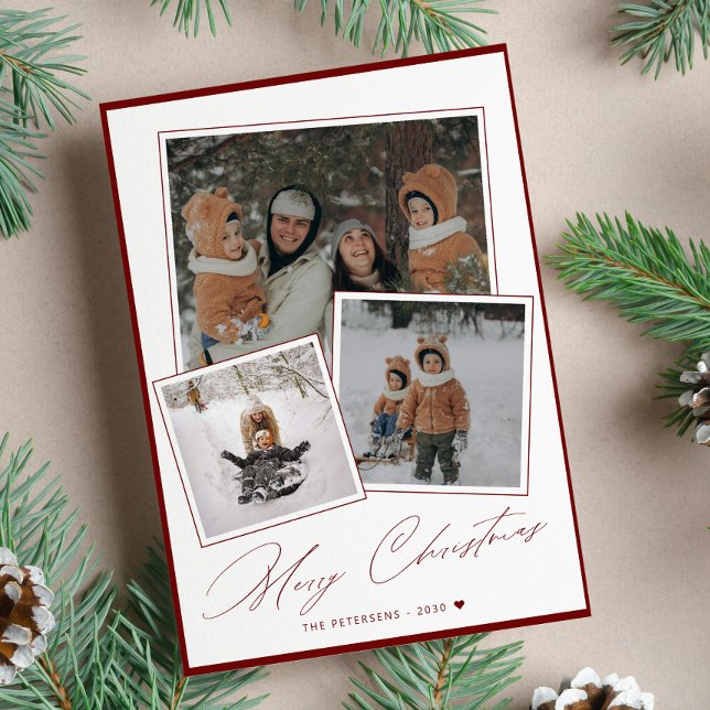 Red Merry Christmas script 3 photo collage  Holiday Card (Creator Uploaded)