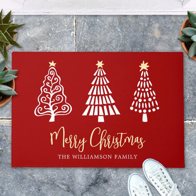 Red Merry Christmas Script 3 Trees Simple Custom Doormat (Creator Uploaded)