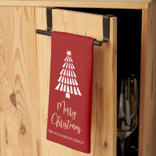 Red Merry Christmas Script 3 Trees Simple Custom Kitchen Towel