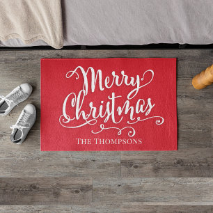 Red Merry Christmas Script Family Name Doormat