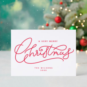 Red Merry Christmas Script Minimalist Holiday Letterpress Photo Cards