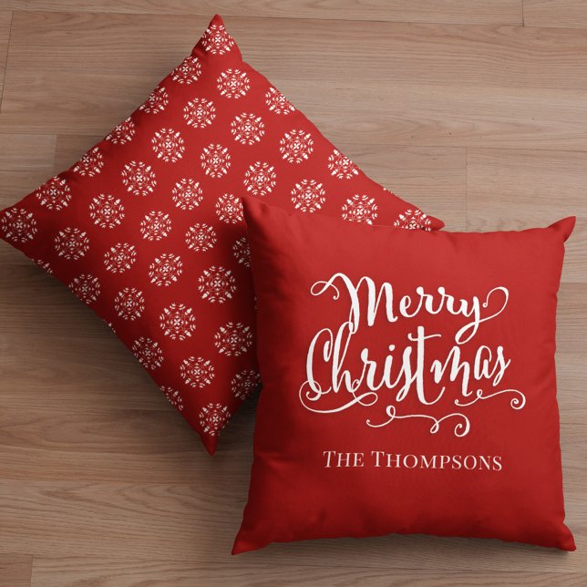 Red Merry Christmas Script Personalized Throw Pillow (Merry Christmas holiday white calligraphy script holiday pattern throw pillow)