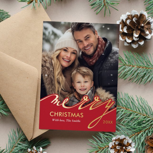 Red Merry Christmas Script Photo Foil Holiday Card (Creator Uploaded)