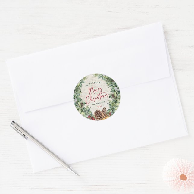 Red Merry Christmas Script Pine Christmas Wreath Classic Round Sticker (Envelope)
