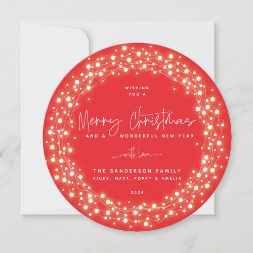 Red Merry Christmas Script Sparkling Lights Holiday Card