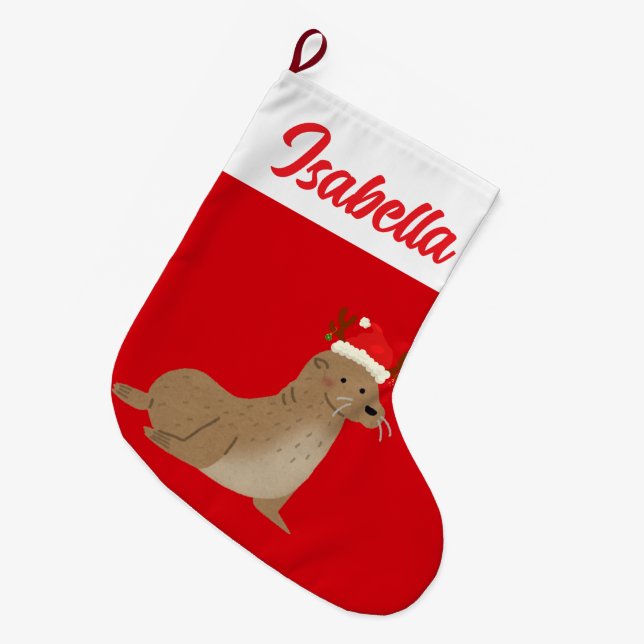 Red Merry Christmas Sea lion Santa Xmas party Large Christmas Stocking (Front (Hanging))
