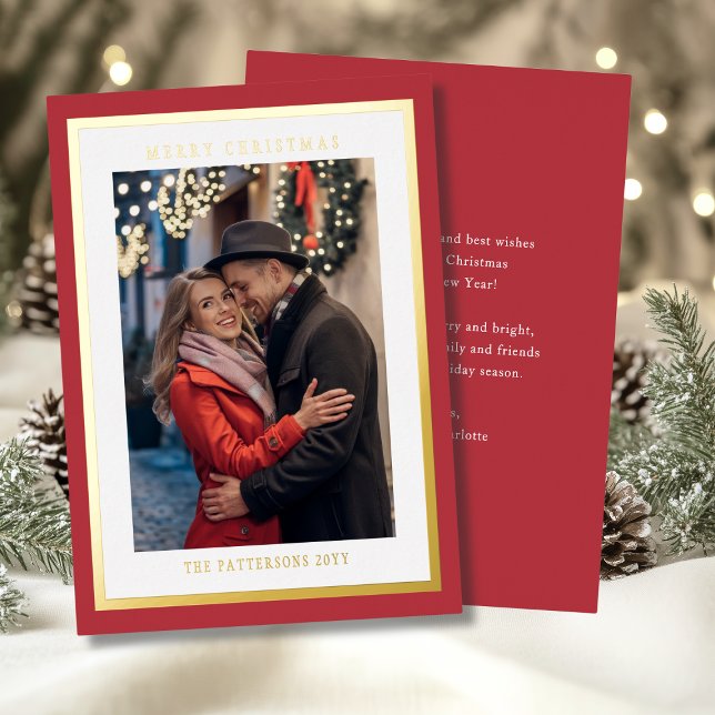 Red Merry Christmas Simple Modern Photo Foil Holiday Card (Creator Uploaded)