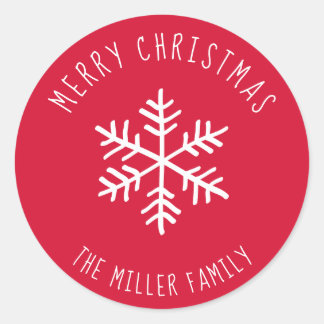Red Merry Christmas Snowflake Personalized Classic Round Sticker