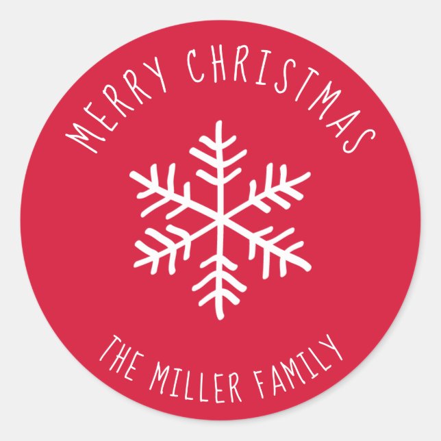 Red Merry Christmas Snowflake Personalized Classic Round Sticker (Front)
