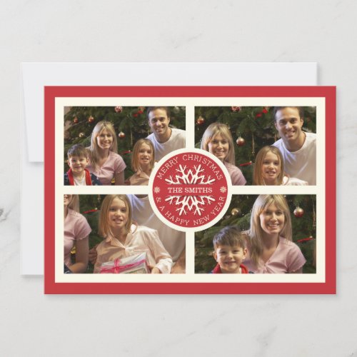 Red Merry Christmas Snowflake Photo Card_4 Photos Holiday Card