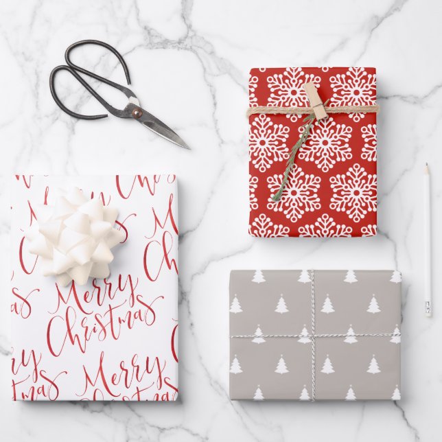 Red Merry Christmas Snowflakes Holiday Christmas Wrapping Paper Sheets (Front)