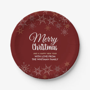 Red Merry Christmas Snowflakes Paper Plates