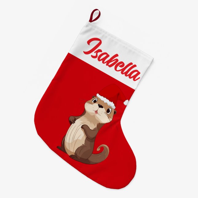 Red Merry Christmas squirrel Beaver Santa hat Xmas Large Christmas Stocking (Front (Hanging))