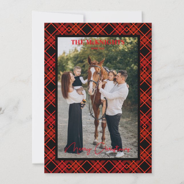 Red Merry Christmas Tartan Plaid Photo Family (Front)