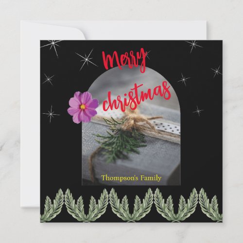 Red merry christmas Text green foliage Holiday Card