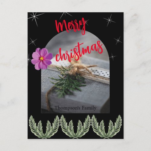 Red merry christmas Text green foliage Holiday Postcard