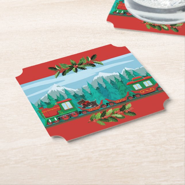 Red Merry Christmas Train Paper Coaster (Angled)