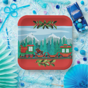 Red Merry Christmas Train Paper Plates