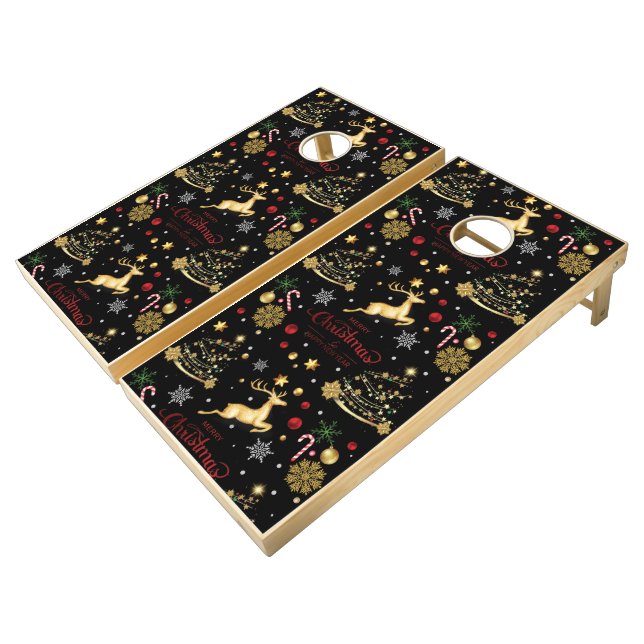 Red Merry Christmas Tree  Cornhole Set (Angled)