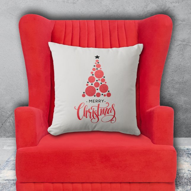 Red Merry Christmas Tree Stars Holiday Throw Pillow (PIllow with Merry Christmas and modern red Christmas tree on pale gray background. Choose size. )