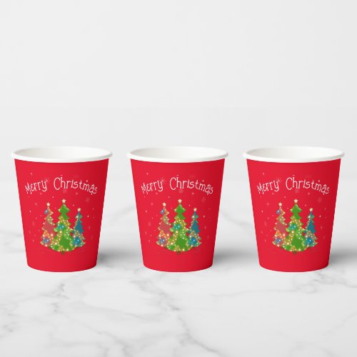 Red Merry Christmas Trees Snowflakes Fun Modern Paper Cups