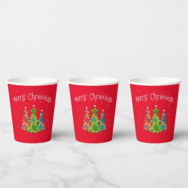 Red Merry Christmas, Trees, Snowflakes, Fun Modern Paper Cups (Multi)