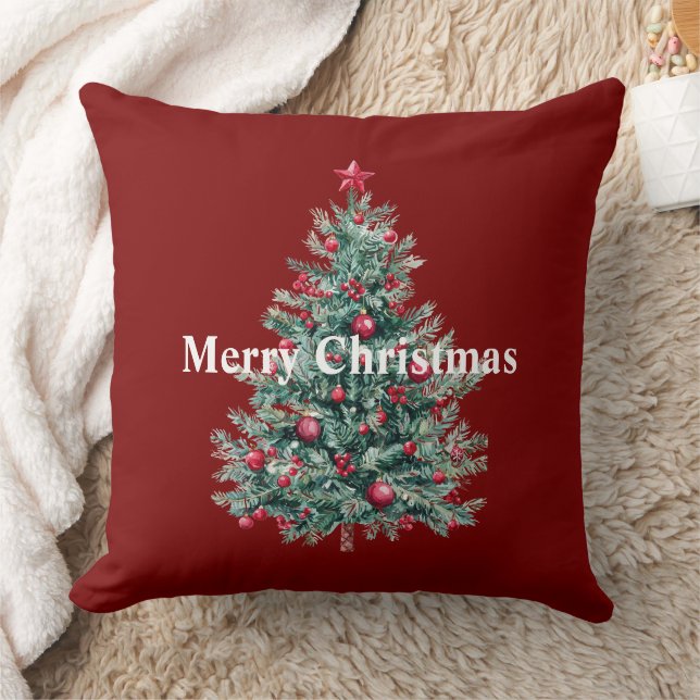Red Merry Christmas Trees Throw Pillow (Blanket)